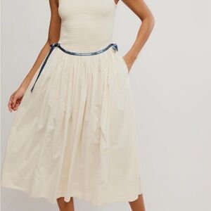 Free People Nightingale Cream Midi Skirt with Navy Waist Tie